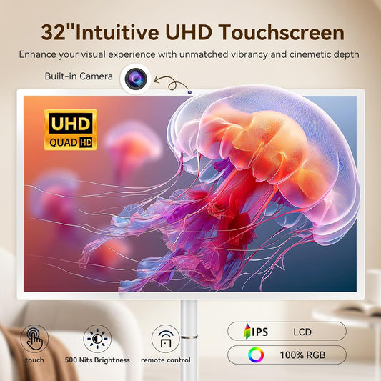 32-Inch Portable Smart TV on Wheels with Touch Screen Monitor | 8G RAM +128G Storage | 8-core CPU Qualcomm | Built-in 6-8H Battery | 8MP Webcam | Android 13 OS | Full Swivel Rotation | Remote Control