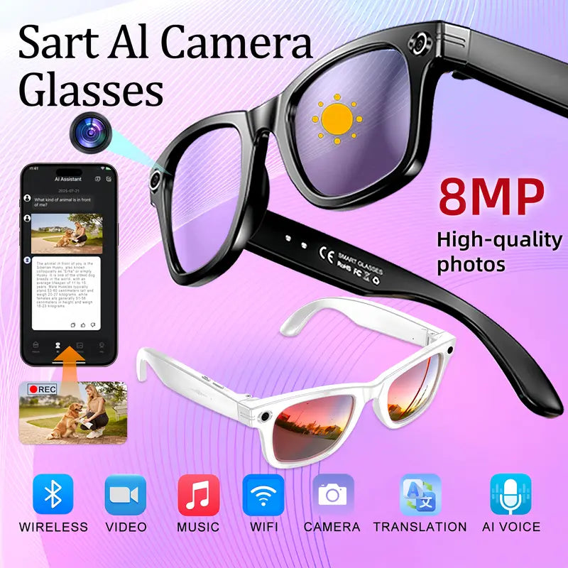 Smart AI Camera Glasses with 8MP Resolution Photochromic Lenses Convenient Button Touch Adjustment for Travel Outdoor Adventures Hands-Free Photography 160+Languages Real-Time Translation Bluetooth Wireless Wearable Video Recording UV Protection Halloween