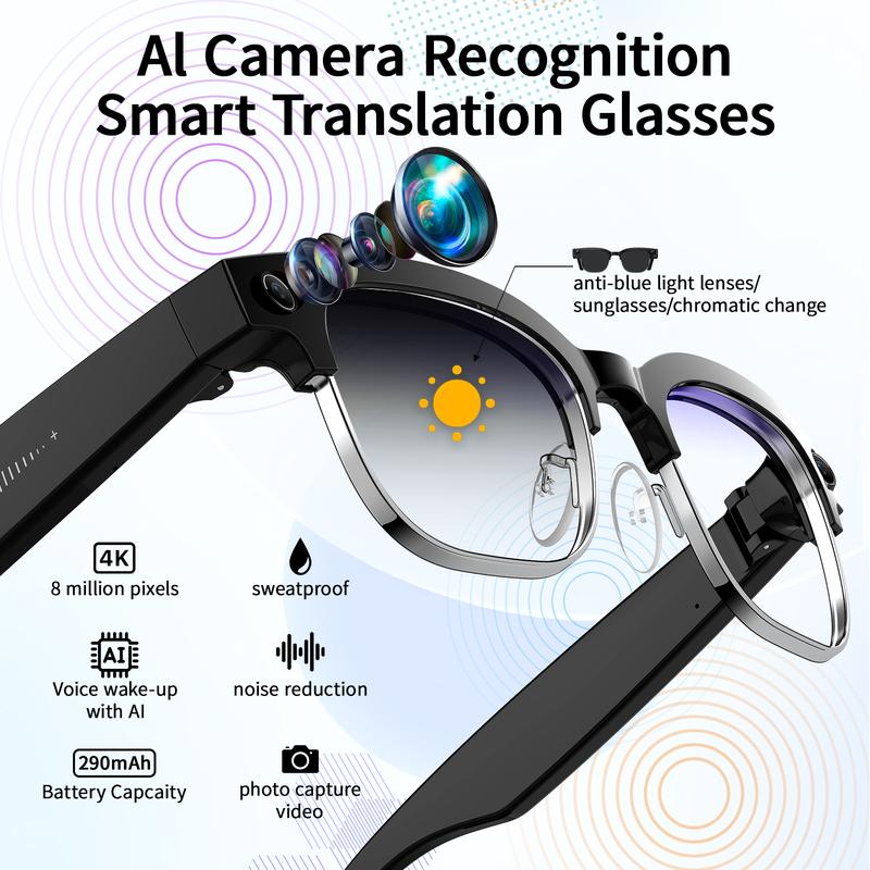 Smart AI Camera Glasses with 8MP Resolution Photochromic Lenses Convenient Button Touch Adjustment for Travel Outdoor Adventures Hands-Free Photography 160+Languages Real-Time Translation Bluetooth Wireless Wearable Video Recording UV Protection Halloween
